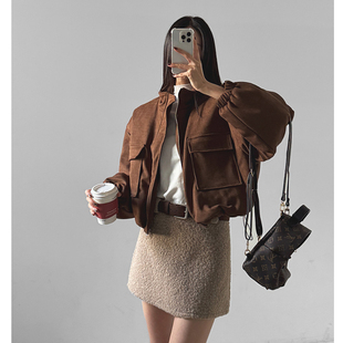 新款 LAG2025冬季 时尚 纯色宽松高领拉链长袖 外套 韩国正品 短款 女装