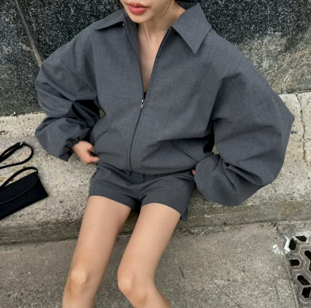 韩国代购女装2025秋款优雅廓形灯笼袖翻领拉链夹克外套+短裤套装