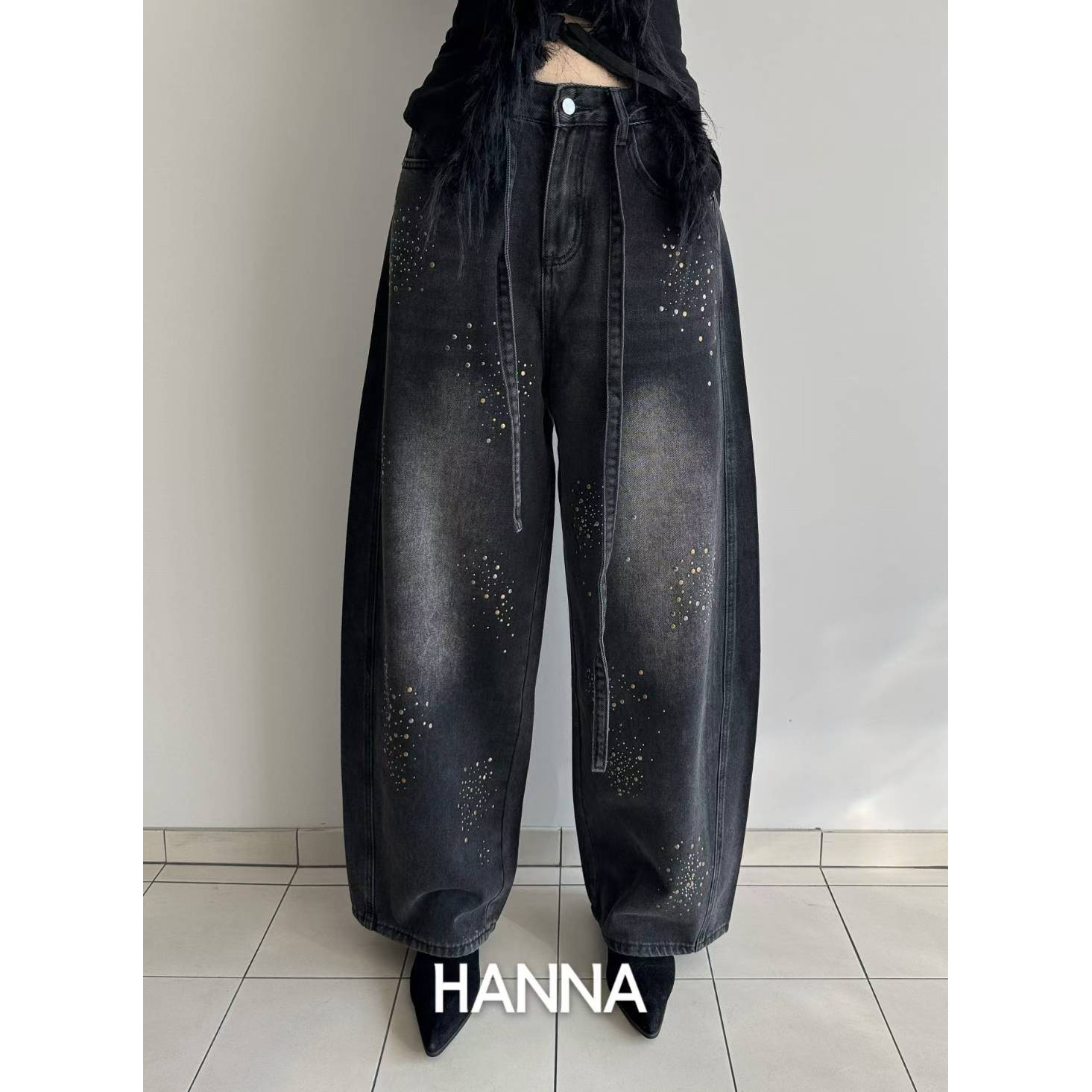 贴片时髦磨白阔腿哈伦牛仔裤潮裤