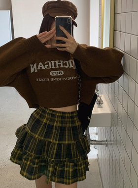 现~韩国代购女装秋款VERANDA字母印花宽松时尚短款套头针织衫