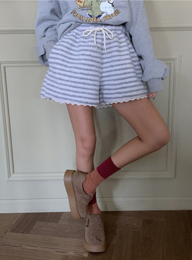 y-gee韩国正品女装2025冬季通勤条纹拼色松紧腰抽绳休闲短裤