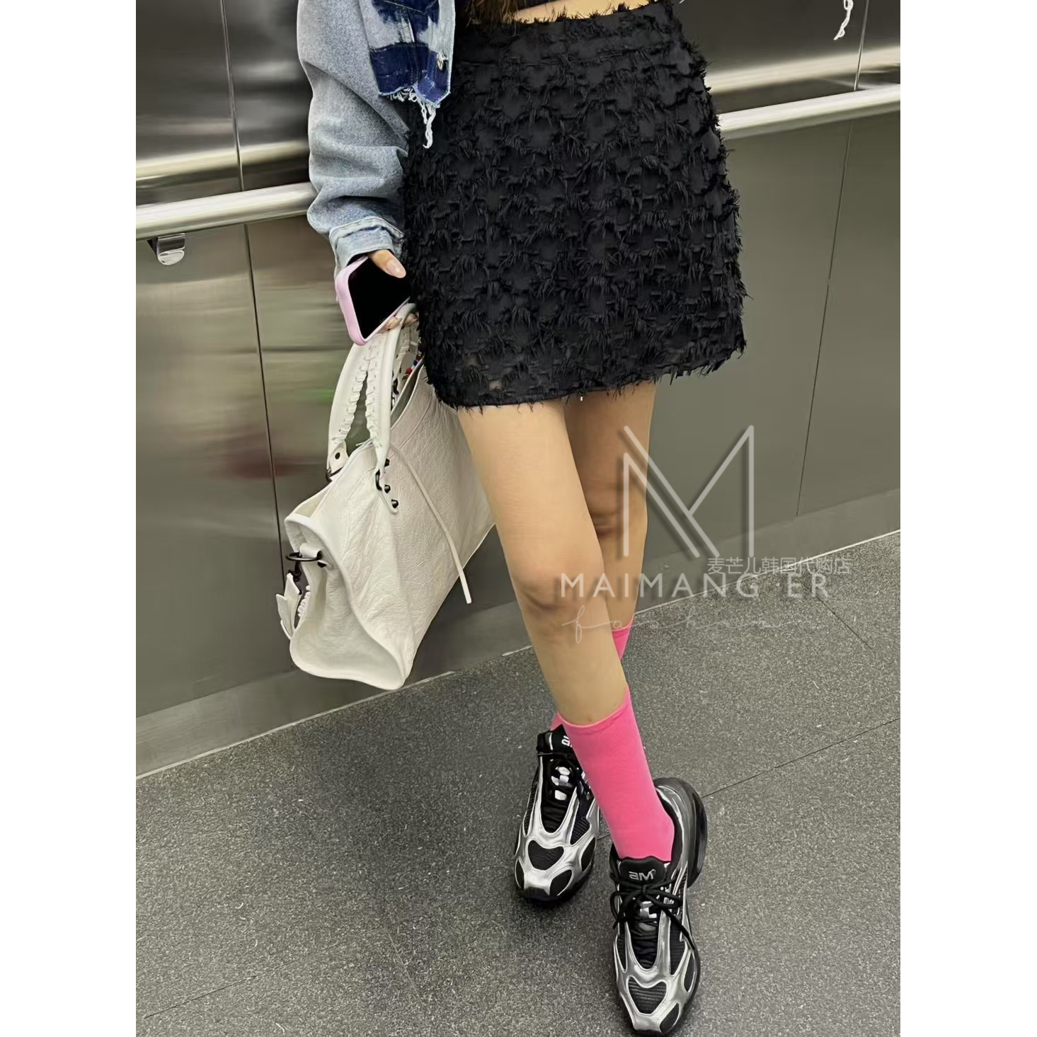 现~韩国代购女装2025流苏毛绒时髦高腰显瘦包臀防走光半身短裙