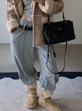 韩国代购女装2025冬款VERANDA优雅毛绒高腰系腰带阔腿纯色休闲裤