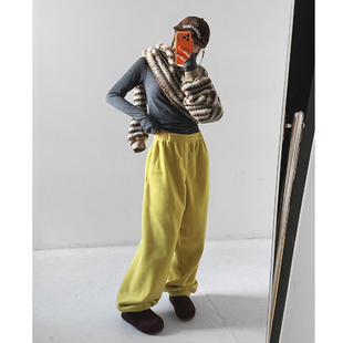 女装 通勤宽松纯色加绒松紧腰休闲长裤 LAG2025冬季 时尚 款 韩国正品