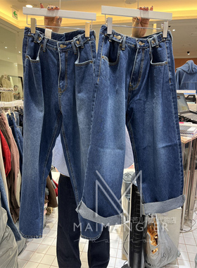 韩国代购女装2025春款ITZEL可调节腰扣宽松水洗磨白潮流牛仔裤