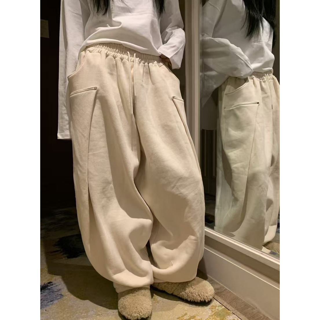 加绒抽褶捏褶纯色束腿休闲潮裤