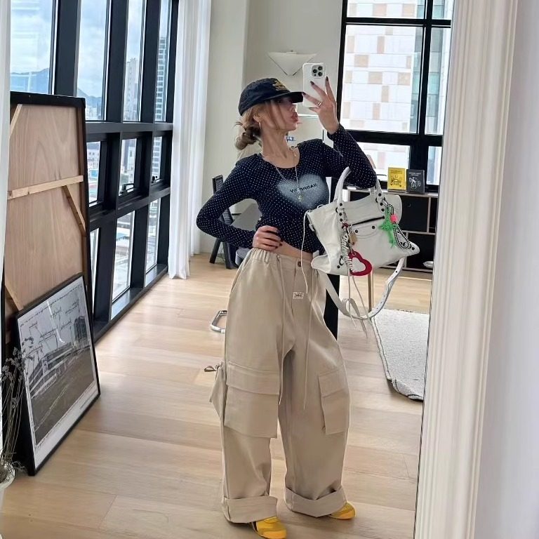 韩国代购女装2025秋款松紧腰抽绳宽松阔腿工装风口袋潮人休闲裤