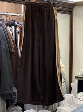 韩国代购女装2025冬款VIRKIN松紧腰条纹宽松阔腿休闲裤