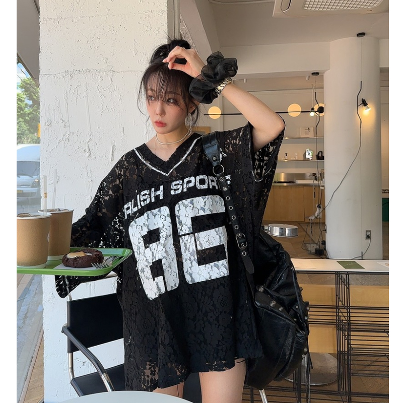 韩国正品女装2025夏季新款时尚宽松数字镂空V领短袖休闲中长款T恤