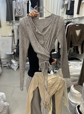 韩国代购女装2025冬款BILLION-L优雅系带假两件拼接垫肩开衫T恤