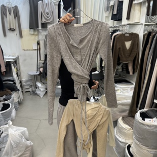 韩国代购女装2025冬款BILLION-L优雅系带假两件拼接垫肩开衫T恤