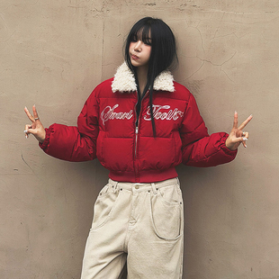 女装 字母拉链毛毛领长袖 LAG2025冬季 时尚 翻领短棉服 新款 韩国正品