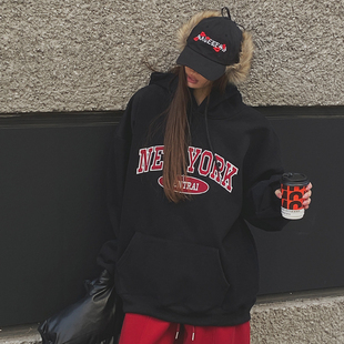 女装 宽松加绒字母连帽长袖 LAG2025冬季 时尚 中长卫衣 新款 韩国正品