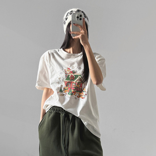 女装 通勤直筒圣诞老人印花圆领短袖 LAG2025冬季 时尚 T恤 款 韩国正品