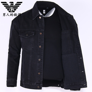 夹克加绒加厚牛仔衣 男装 V格黑色牛仔外套男宽松大码 2025秋冬厚款