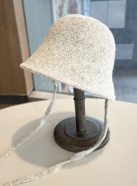 韩版针织水桶帽子女秋冬保暖显脸小盆帽后开叉系带护耳毛线渔夫帽