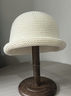 半卷边毛线渔夫帽女秋冬保暖针织盆帽百搭显脸小纯色简约水桶帽子