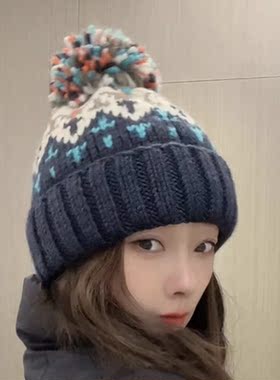 彩色保暖毛线帽女秋冬季护耳减龄可爱针织帽子百搭学生毛球包头帽