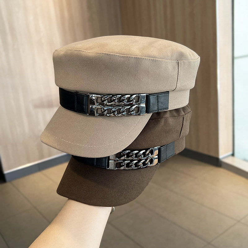 毛呢报童帽女秋冬韩版百搭鸭舌画家帽显脸小逛街时尚链条平顶帽子