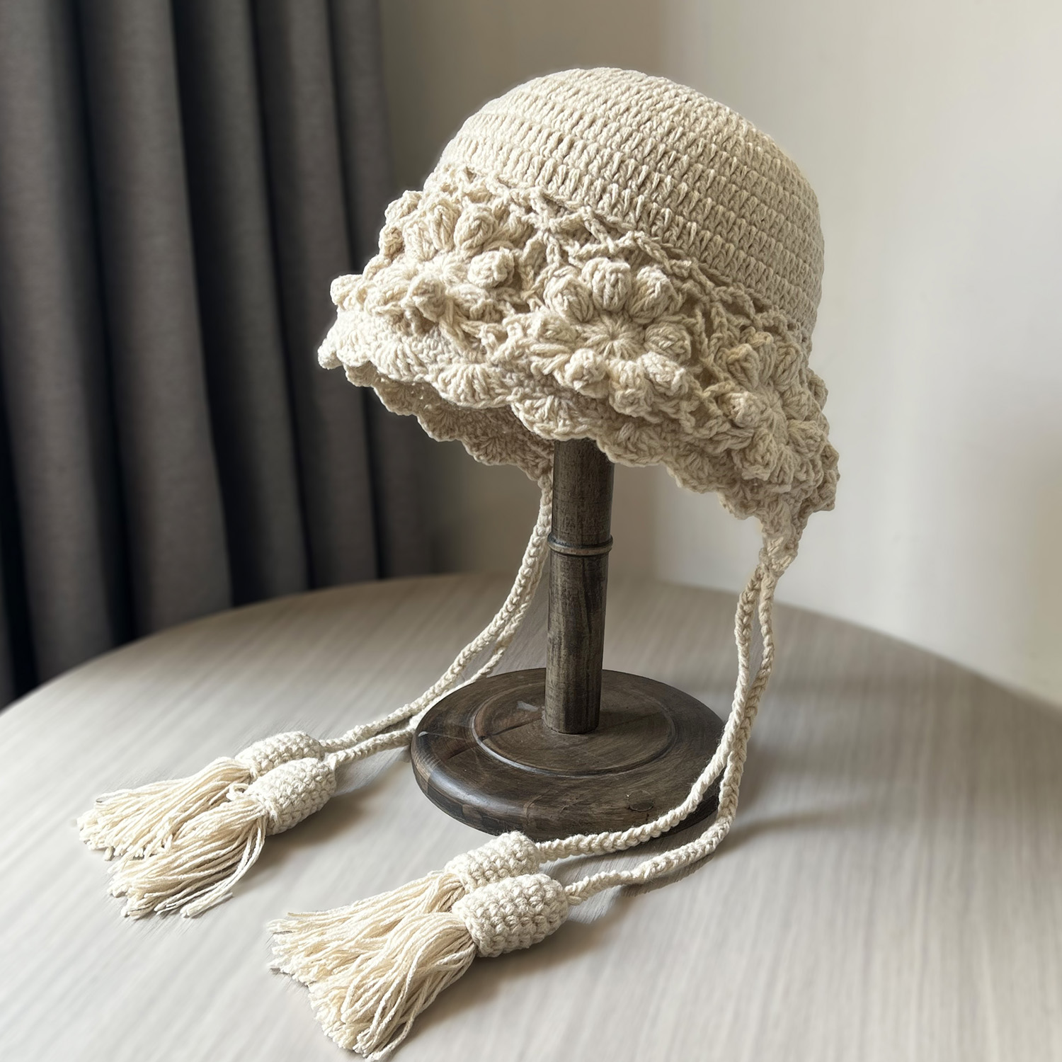 手工钩花针织毛线帽子女秋冬