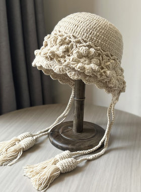 手工钩花针织毛线帽子女秋冬保暖护耳套头帽复古风川西旅游包头帽