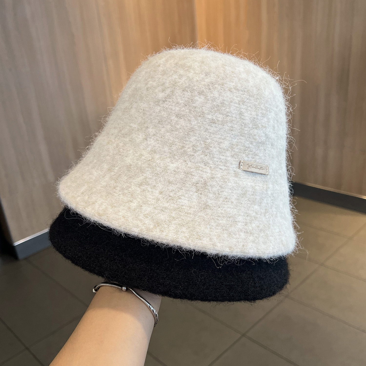 日系针织水桶帽子保暖遮脸防寒