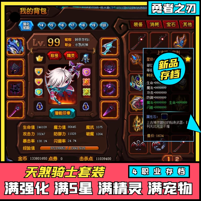 勇者之刃  勇士的信仰 忍者四职业账号99级天煞骑士套装备时装等