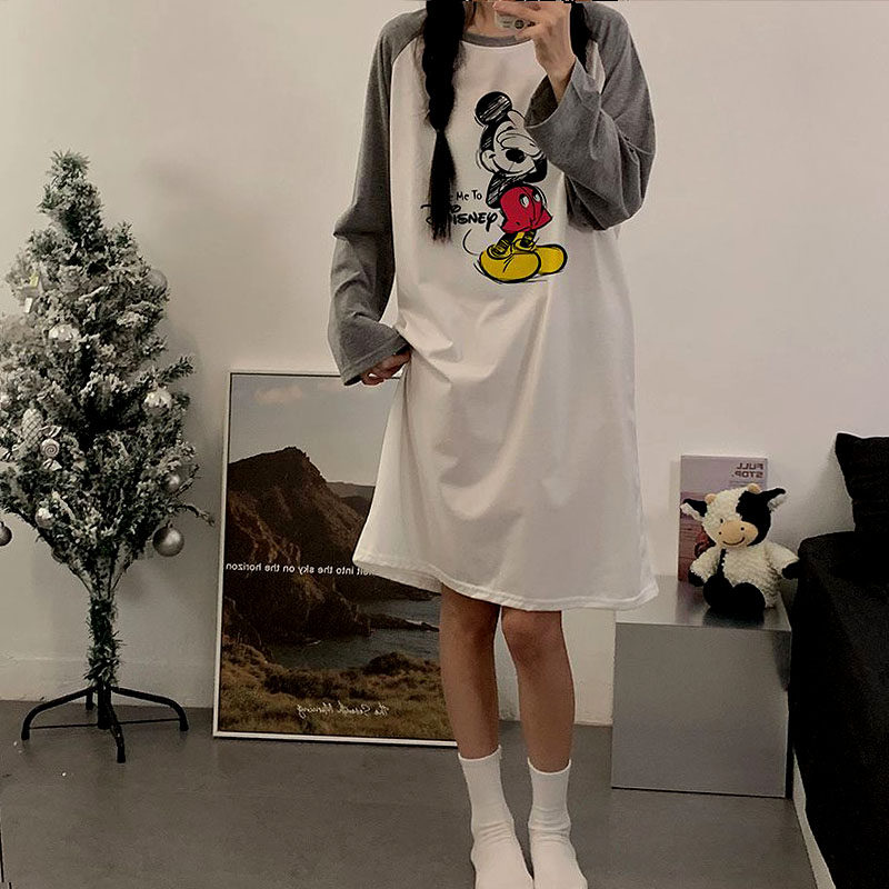 春秋冬季睡裙女生中长款针织纯棉可爱韩版长袖高中生家居服连衣裙