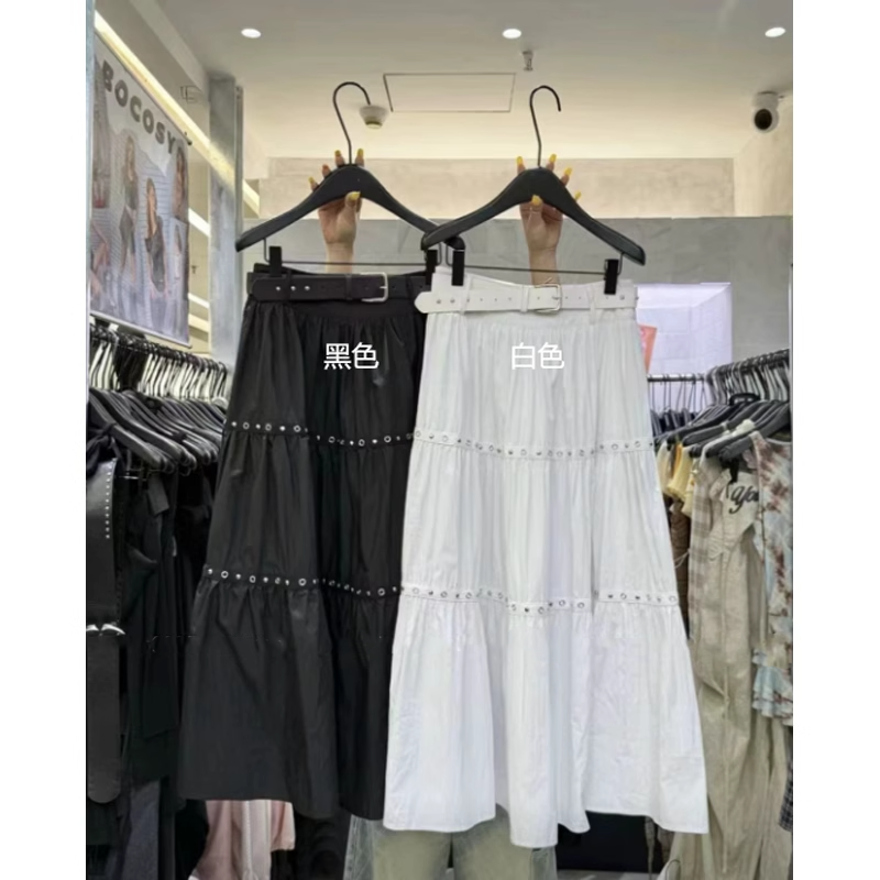 十三行十三行设计感朋克风金属还褶皱半身裙大摆蛋糕裙配腰带潮