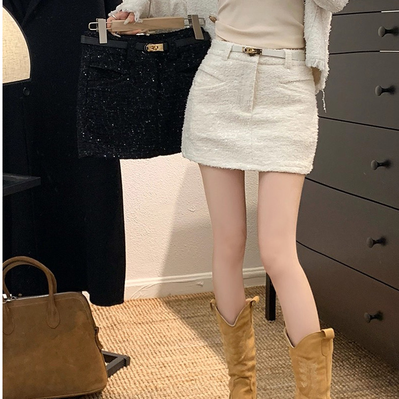 小香风肌理感高腰毛呢半身裙秋冬新款闪闪亮片气质百搭包臀短裙裤