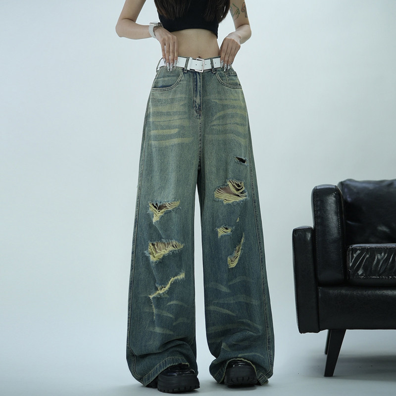 乞丐破洞牛仔阔腿裤女2024夏季复古水洗显瘦百搭宽松直筒拖地长裤