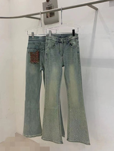 怀旧色亮片设计弹力牛仔裤女2024春季新款高腰紧身微喇裤