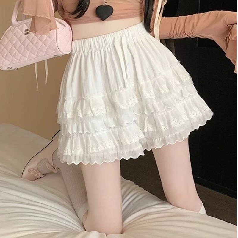 韩系纯欲芭蕾风蕾丝拼接蛋糕层花边短裤裙女夏季款高腰a字热裤子