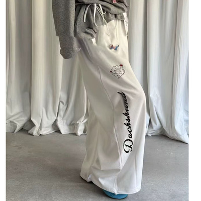 高腰字母印花阔腿裤女宽松抽绳休闲裤慵懒风白色长裤