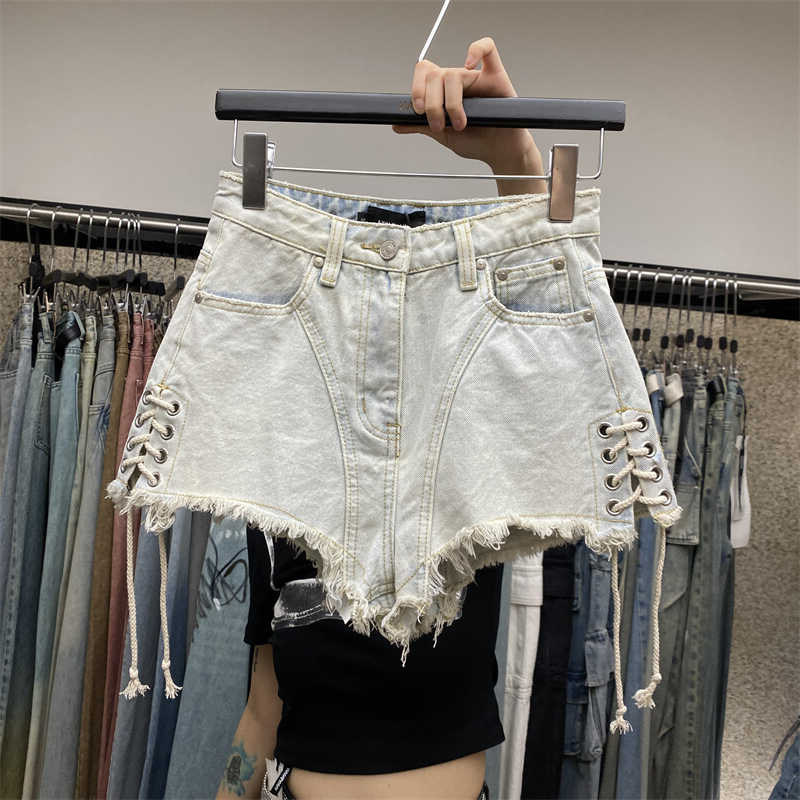 机车复古牛仔短裤夏季2024新款毛边抽绳中高腰阔腿a字热裤女,女装/女士精品,牛仔裤,淘宝优惠券,粉丝福利购,淘宝优惠卷