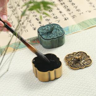 铜无境新中式黄铜喜鹊登枝墨盒带盖密封防干墨便携储墨文房礼品