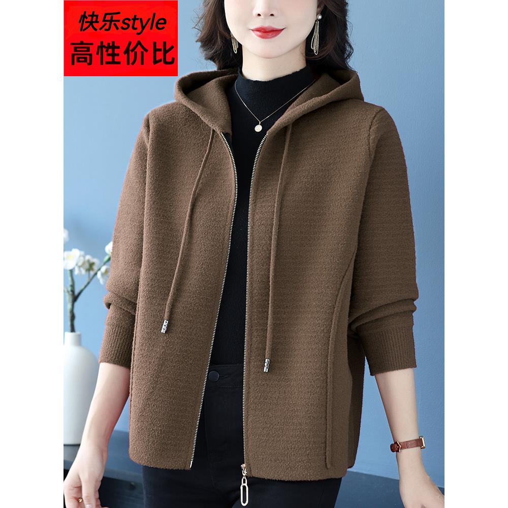 妈妈秋冬新款毛呢外套女短款夹克大码宽松洋气质连帽拉炼开衫上衣