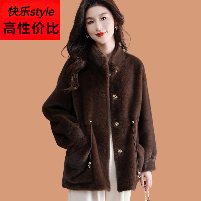 2024冬装新款仿水貂绒外套女短款连帽皮毛一体妈妈遮屁股皮草大衣