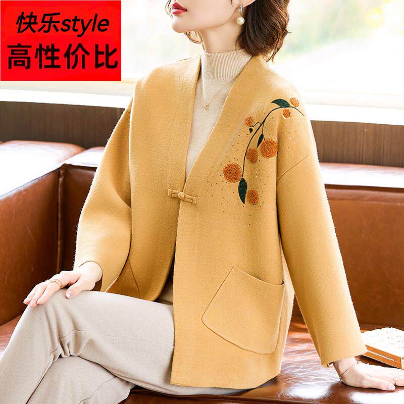 新中式妈妈春装短款外套2026新款中老年女装春秋国风针织开衫上衣