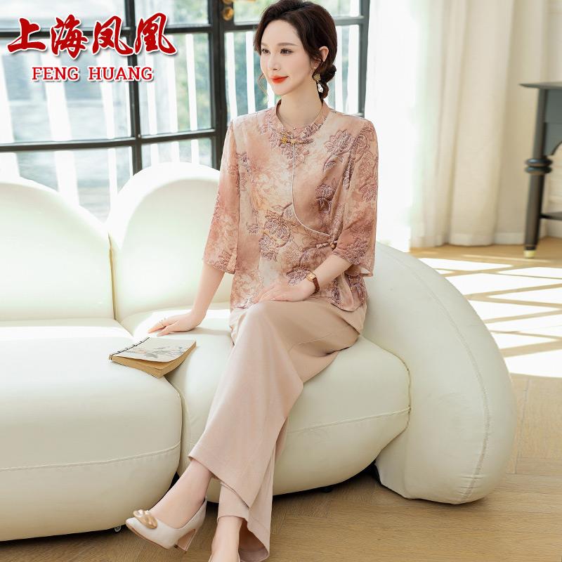 妈妈夏季新中式真丝套装2025新款中老年女装桑蚕丝两件套上衣裤子