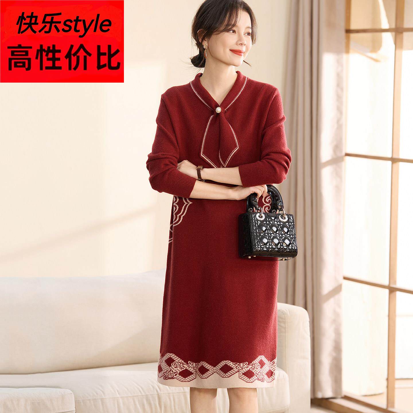 喜婆婆婚宴装礼服妈妈冬装针织连衣裙中老年女装红色毛衣打底裙子