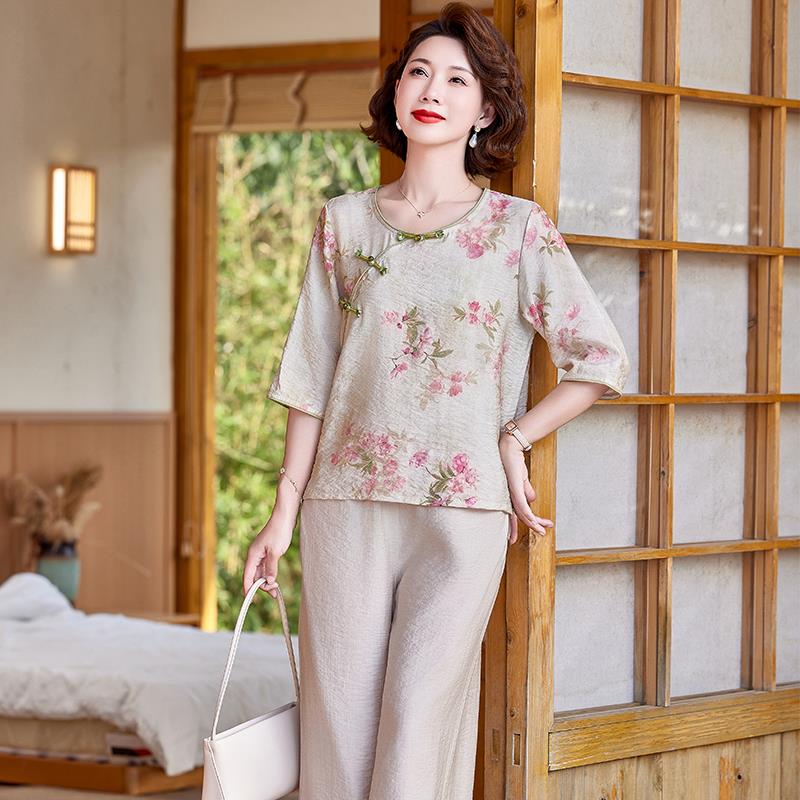 国风妈妈夏装圆领桑蚕丝上衣洋气中老年女装真丝小衫中袖时尚套装