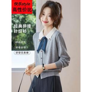 2025新款韩系早秋穿搭高级感气质蝴蝶结polo领小个子针织衫上衣女