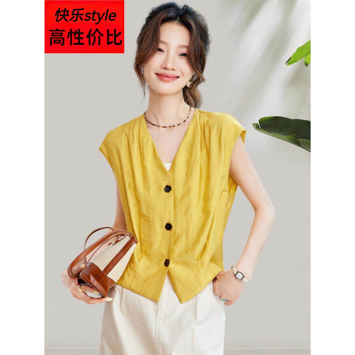 2025新款夏季背心,时尚V领宽松t恤,短款,轻松职场,小飞袖女士