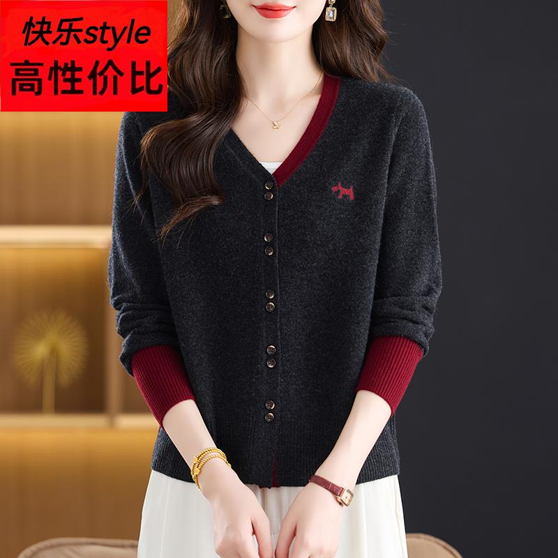 时尚拼色100%纯羊绒衫女秋冬新款V领针织开衫洋气妈妈羊毛衫外套