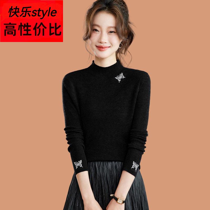 半高领毛衣女秋冬2025新款洋气短款蝴蝶刺绣内搭羊毛针织打底小衫