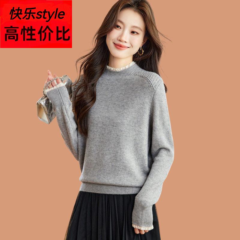 半高领蕾丝边毛衣女款2025秋冬新款可外穿短款内搭羊毛针织打底衫