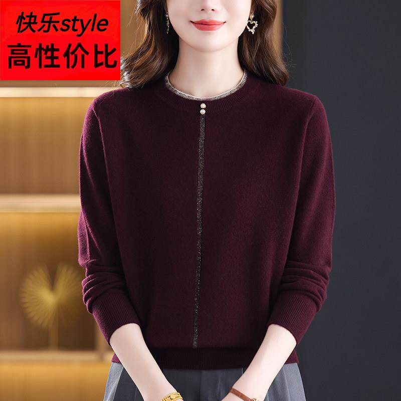 妈妈羊毛衫女秋冬针织上衣时尚圆领针织衫气质%纯羊毛打底毛衣