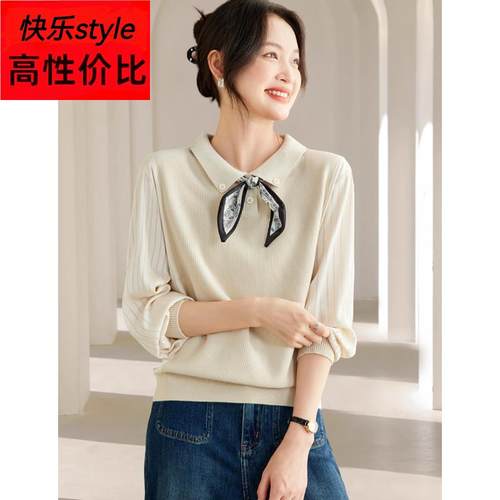 秋装领结减龄小个子假两件T恤2025新款洋气针织拼接宽松上衣女装
