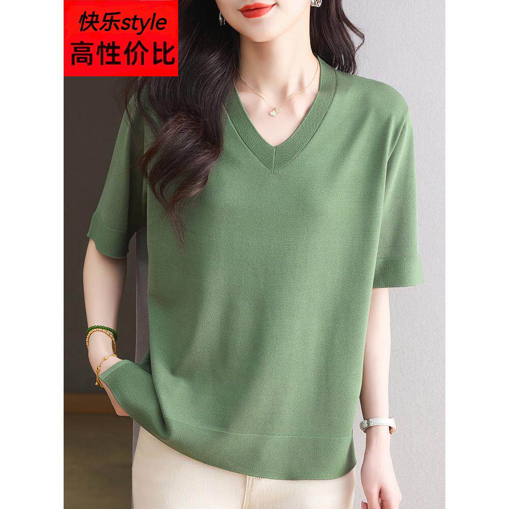 夏季新短袖桑蚕丝针织品女士宽松加码胖毫米外国风格休闲v领上衣